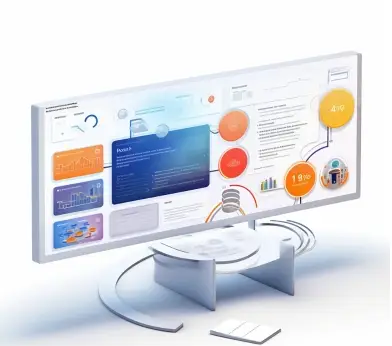 A monitor shows a colorful infographic with charts on a white desk